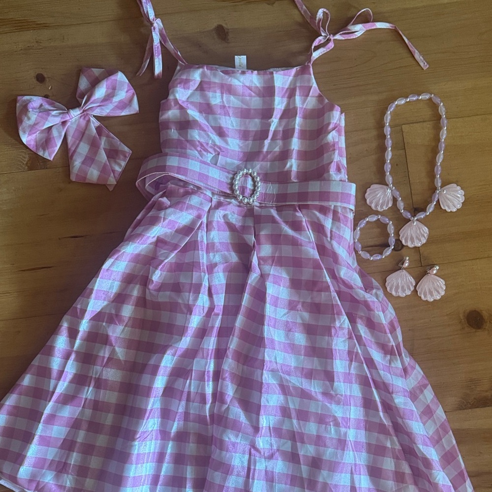 Barbie Costume/Pink Gingham Kids Dress with Bow and Necklace